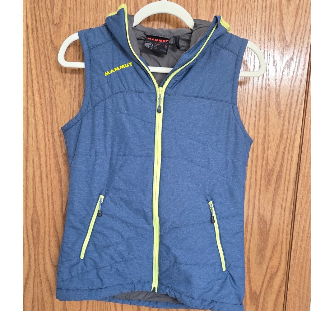 Mammut Women Blue Lime Green Insulated Hooded Vest XS 1010-19170 Hiking Outdoor